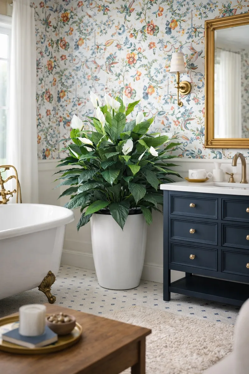 Spathiphyllum in a woven basket in a bathroom