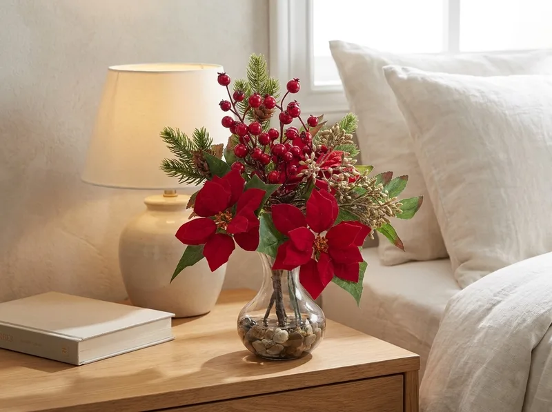 Poinsettia, pine and berry silk Christmas accent on a nightstand