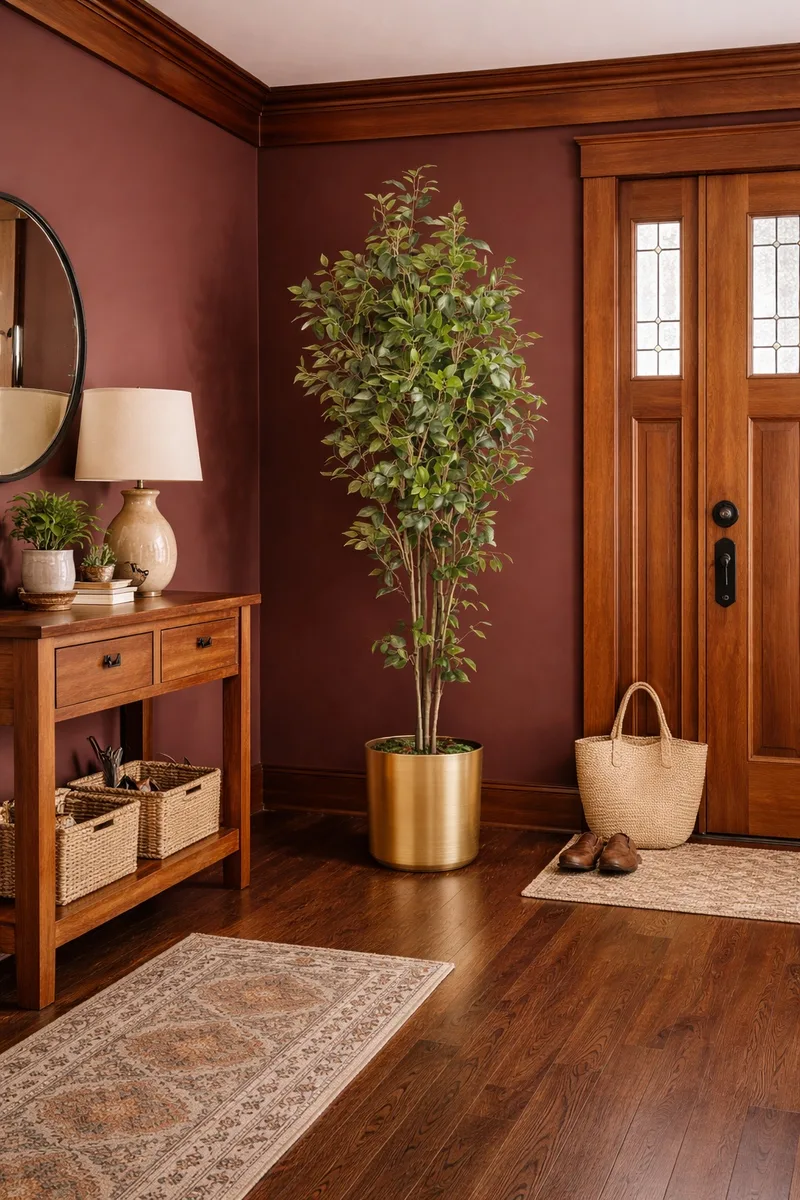 Ficus tree beside a mid-century modern sofa