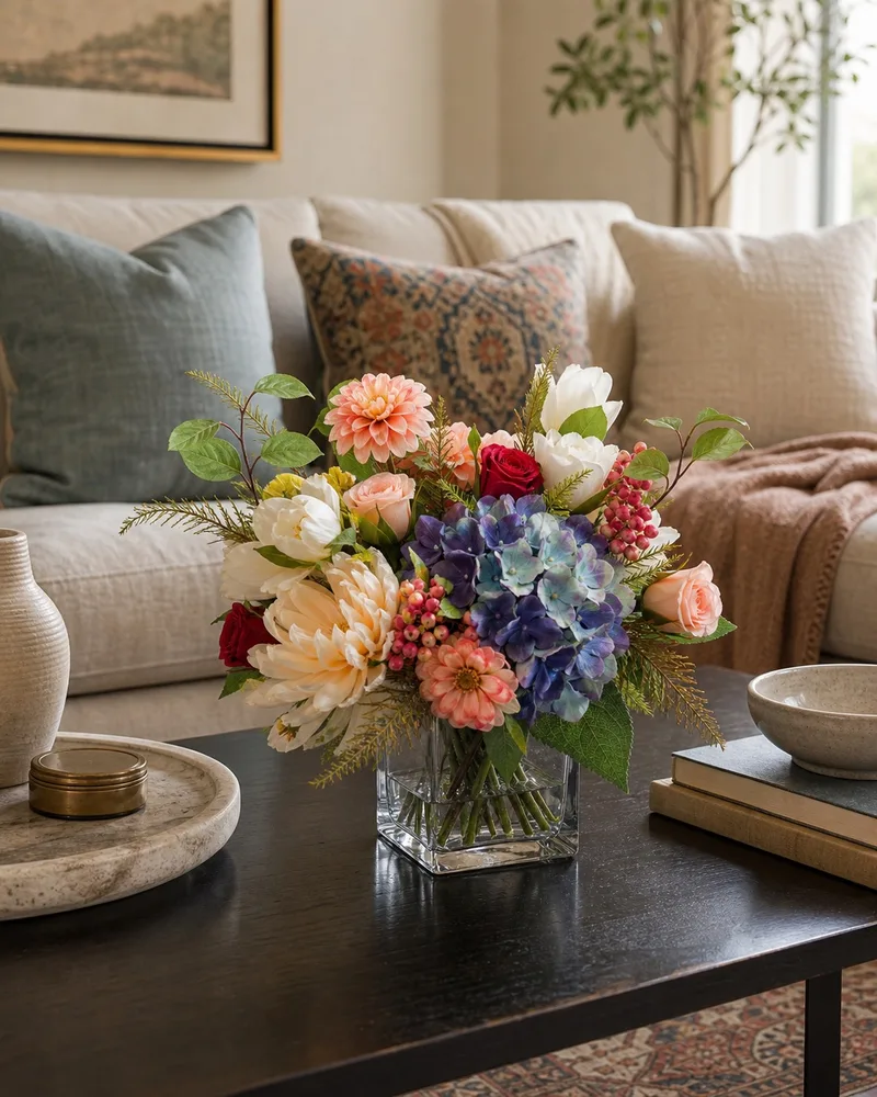 Pastel Dahlia, Hydrangea &amp; Berries centerpiece on a coffee table