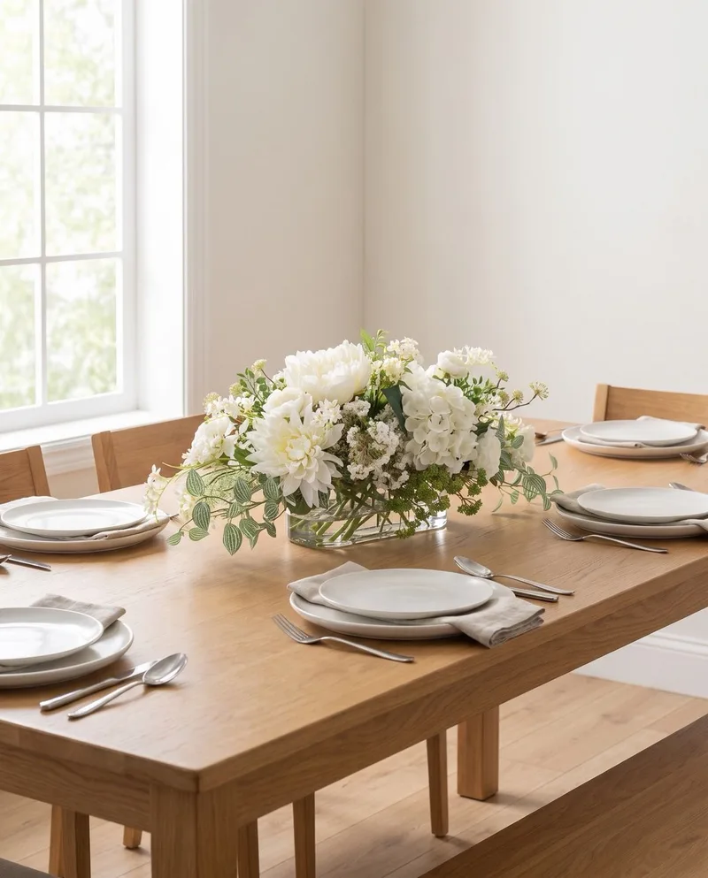 Simplistic Splendor white silk centerpiece on an oak dining table set for dinner
