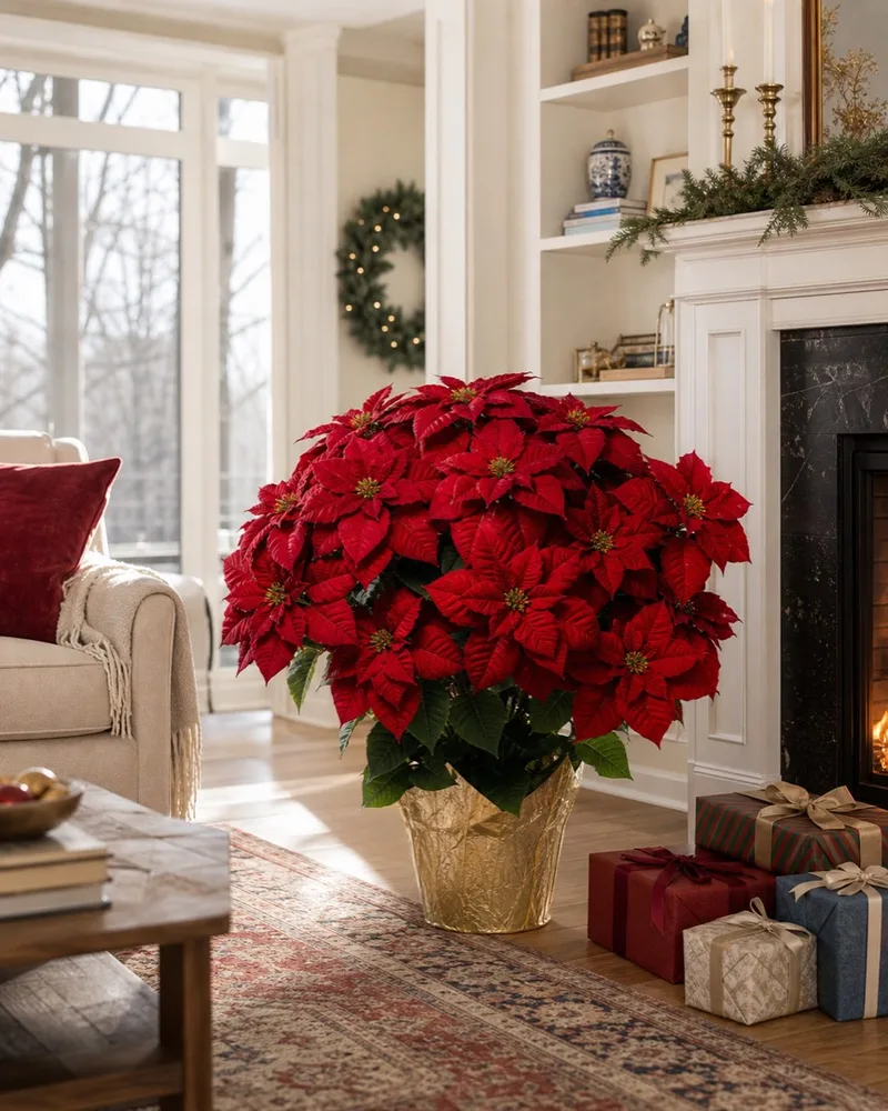 Premier Silk Poinsettia in a holiday living room