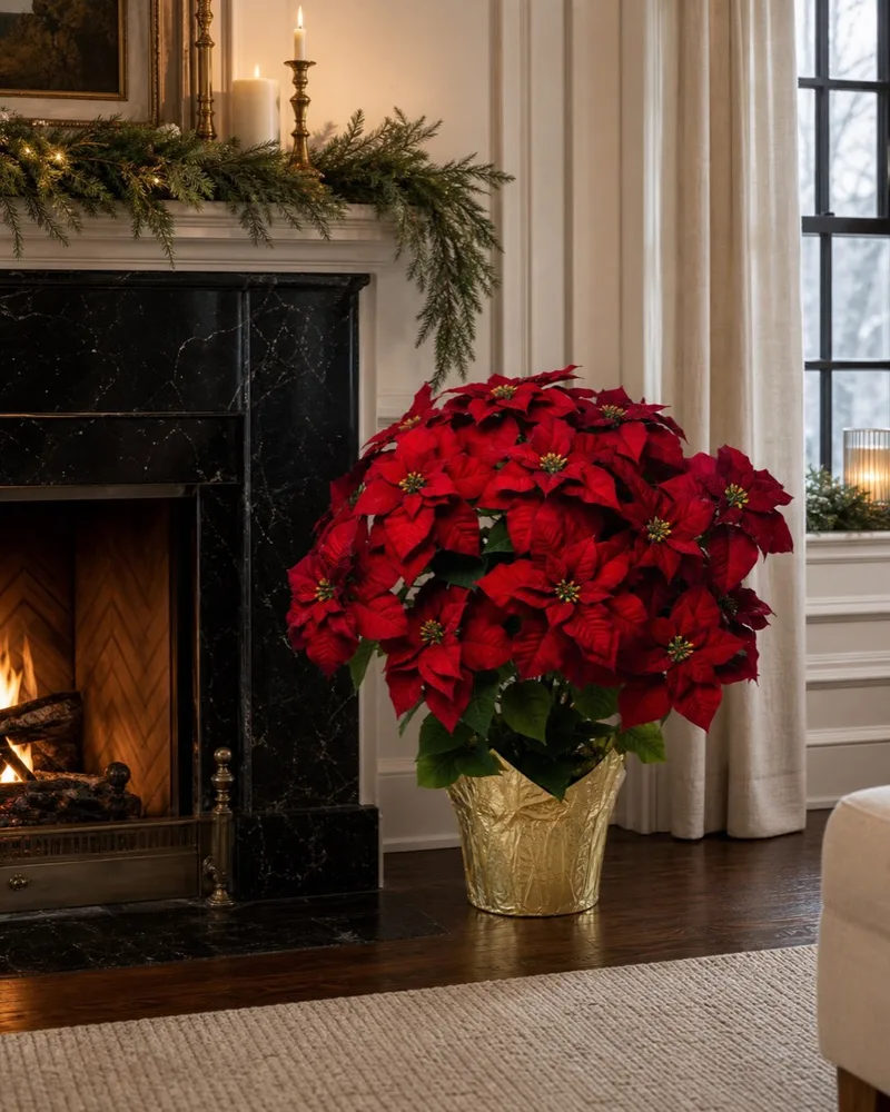 Premier Silk Poinsettia by a fireplace dressed for the holidays