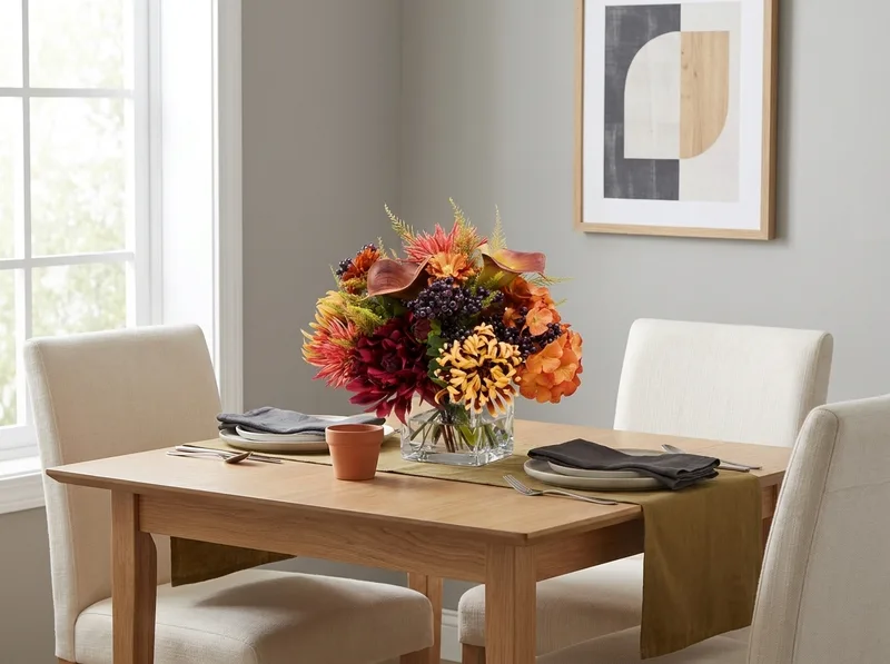 Spider mum and blackberries silk flower centerpiece on a dining table