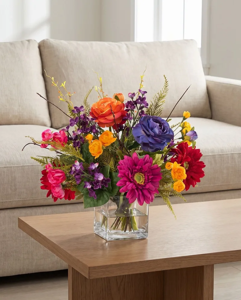 Festive Mood silk flower centerpiece on a wood coffee table in front of a linen sofa