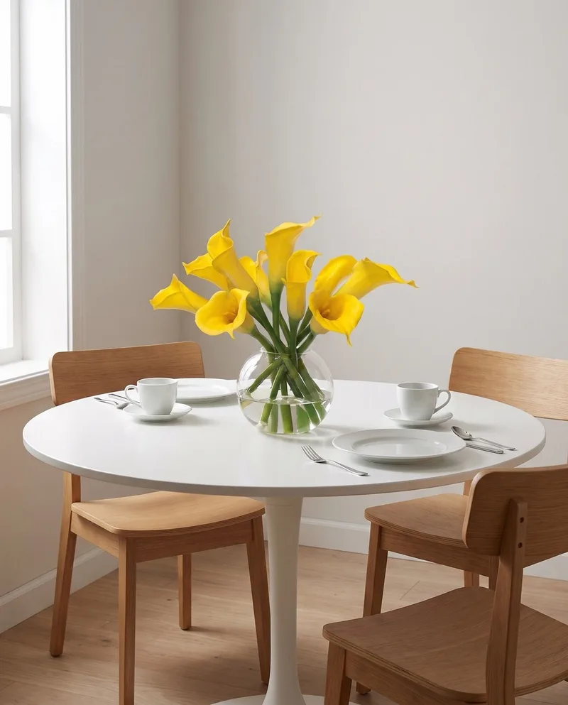 Calla Lily silk flower centerpiece in Yellow on a round breakfast table