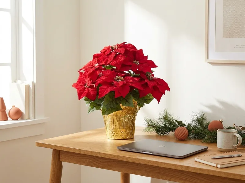 Table top silk poinsettia plant on a desk