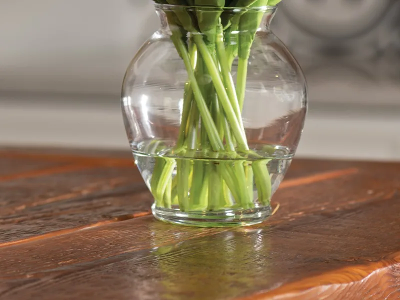 Tulip stems submerged in crystal-clear acrylic water