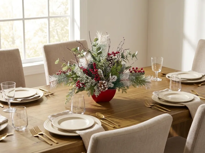 Winterberry Frost silk holiday centerpiece on a dining table