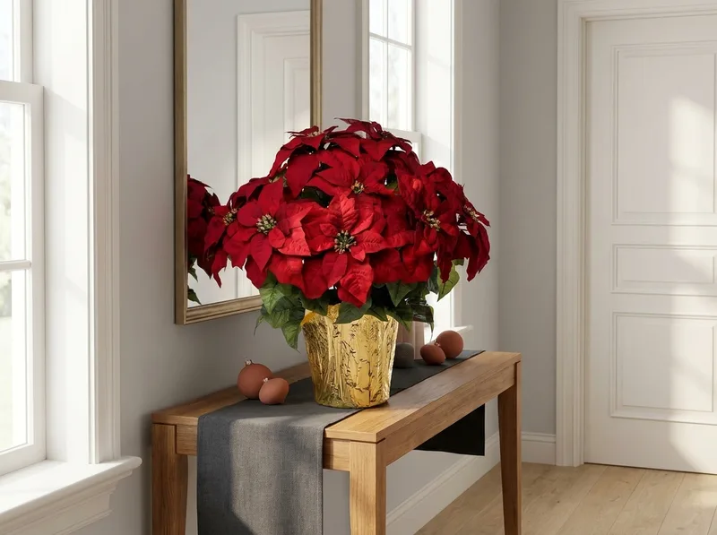 Premier silk poinsettia, large on an entry console table