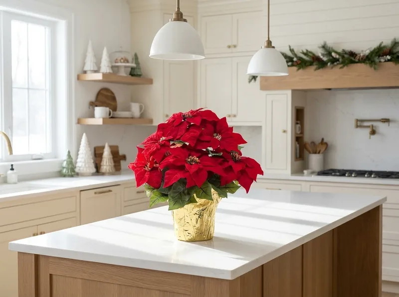 Table top silk poinsettia plant on a kitchen island