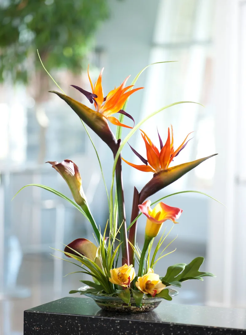 Bird of Paradise & Calla Lily centerpiece styled on a pedestal