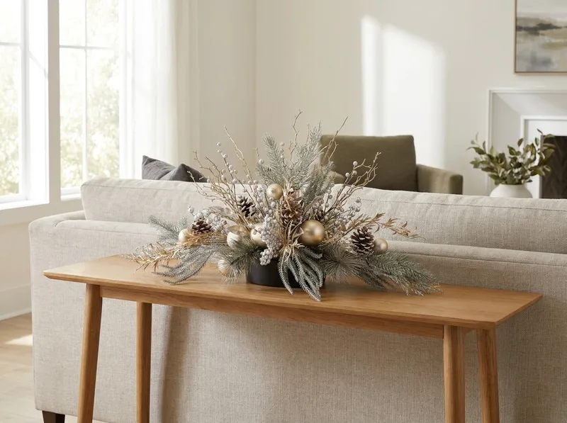 Champagne Elegance silk holiday centerpiece on a sofa table