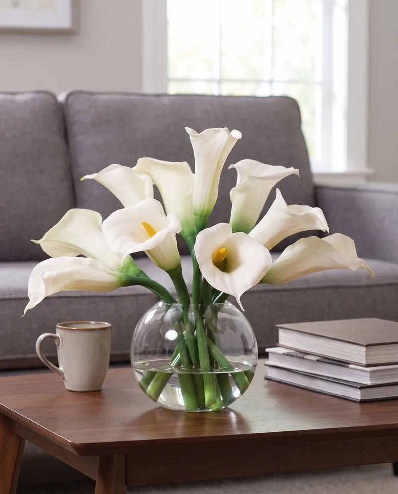 Calla Lily silk flower centerpiece in White on a coffee table