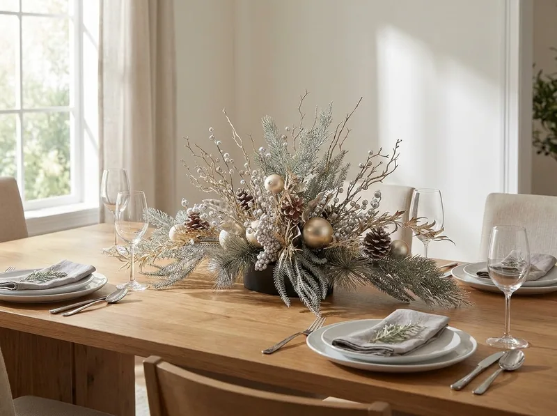 Champagne Elegance silk holiday centerpiece on a dining table