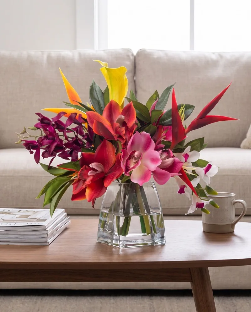 Orchids and Heliconia silk tropical arrangement on a coffee table