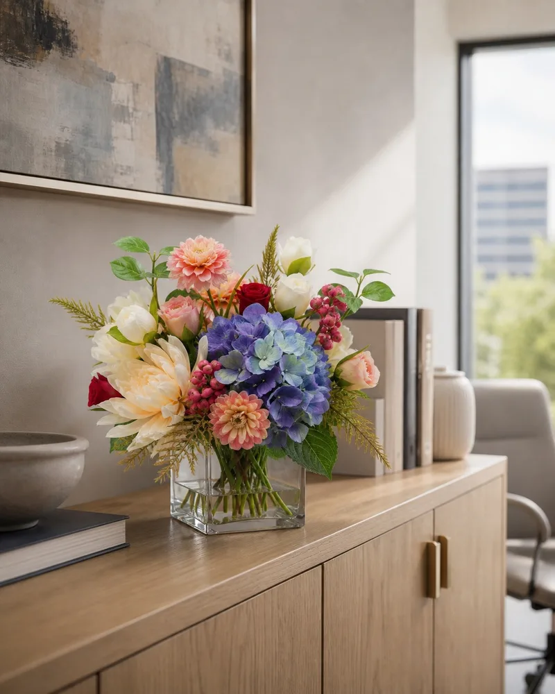 Pastel Dahlia, Hydrangea &amp; Berries centerpiece on an office credenza