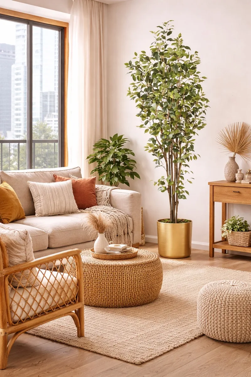 7' Greenhouse Silk Ficus Tree filling a bright living room corner