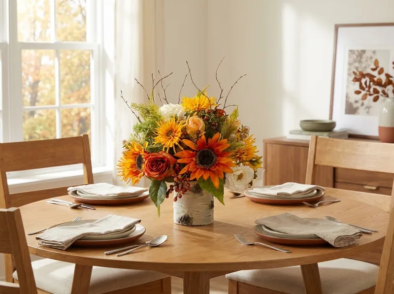 Autumn Sunrise silk flower centerpiece on a dining table