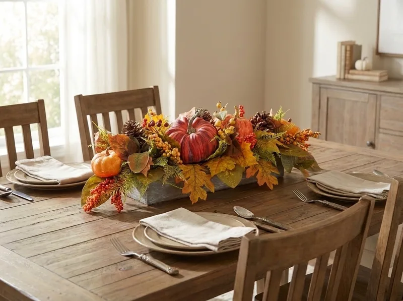 Pumpkins and berries silk autumn centerpiece on a dining table