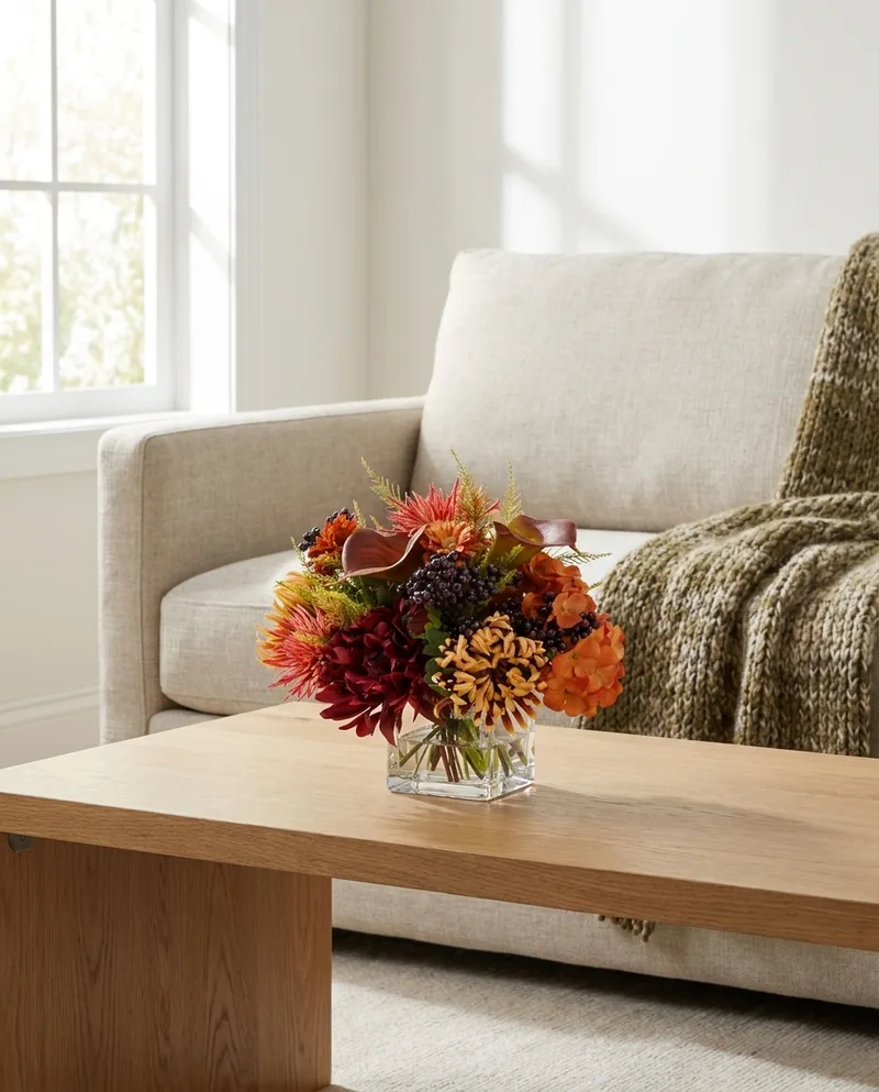 Spider mum and blackberries silk flower centerpiece on a coffee table