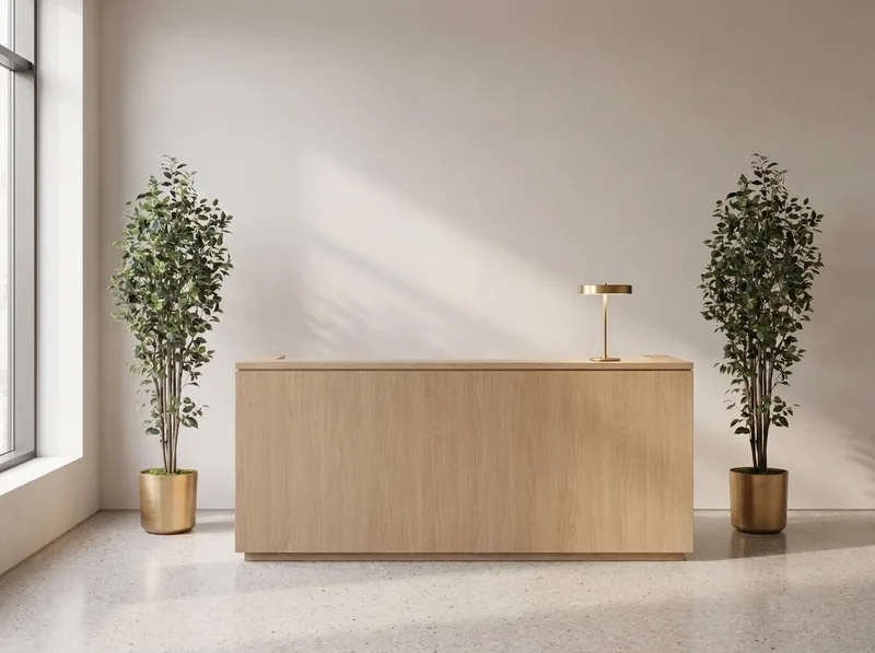 Two 5' Greenhouse Faux Ficus Trees in brushed gold planters flanking a light oak reception desk in a hotel lobby