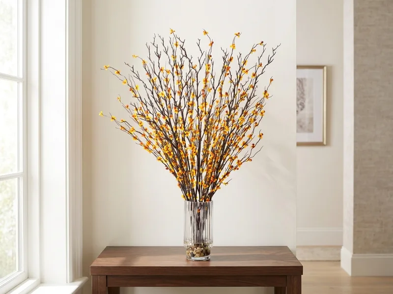 Bittersweet and birch silk arrangement on an entry console table
