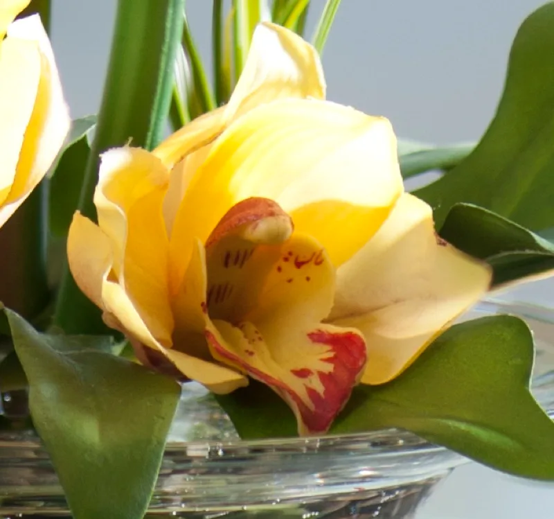 Cymbidium orchid blooms — soft punctuation throughout the arrangement