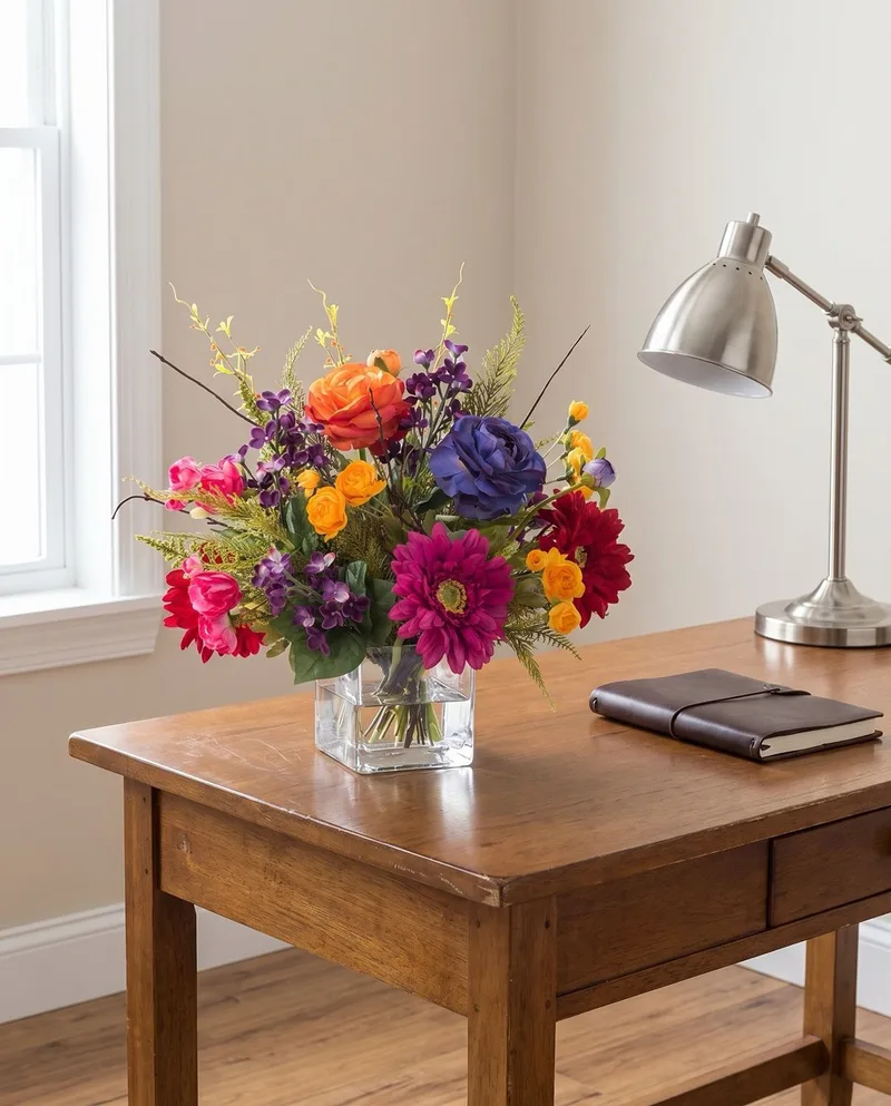 Festive Mood silk flower centerpiece on a wooden desk beside a desk lamp and notebook