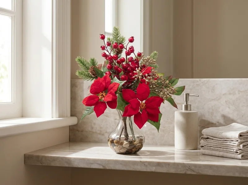 Poinsettia, pine and berry silk Christmas accent on a powder room shelf