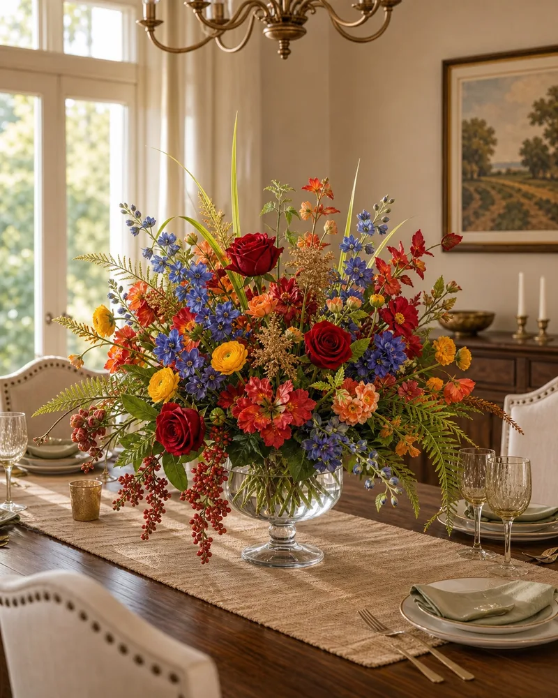 Glorious Garden centerpiece on a long dining table