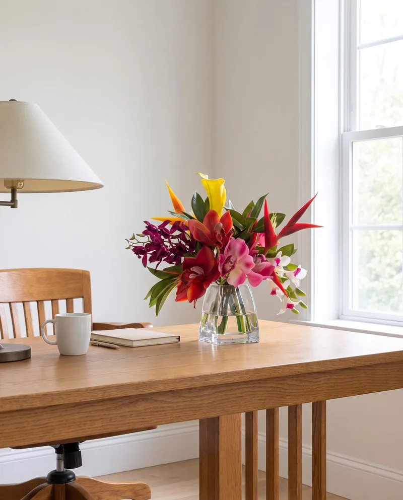 Orchids and Heliconia silk tropical arrangement on the corner of an oak desk in a bright home office