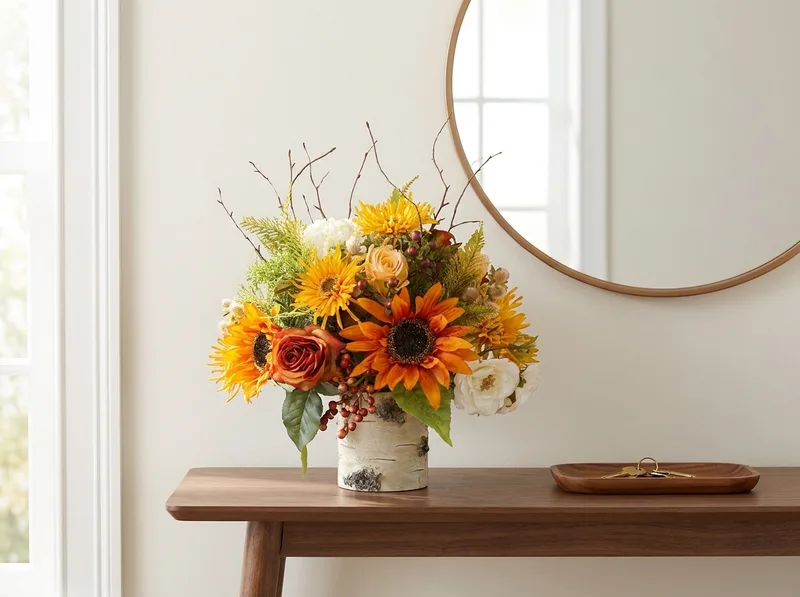 Autumn Sunrise silk flower centerpiece on an entry console table