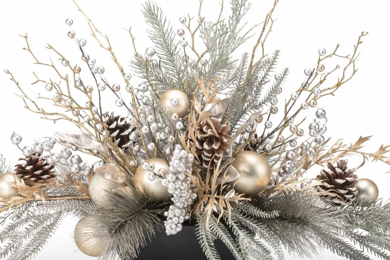Champagne Elegance silk holiday centerpiece in champagne gold and silver with frosted greenery