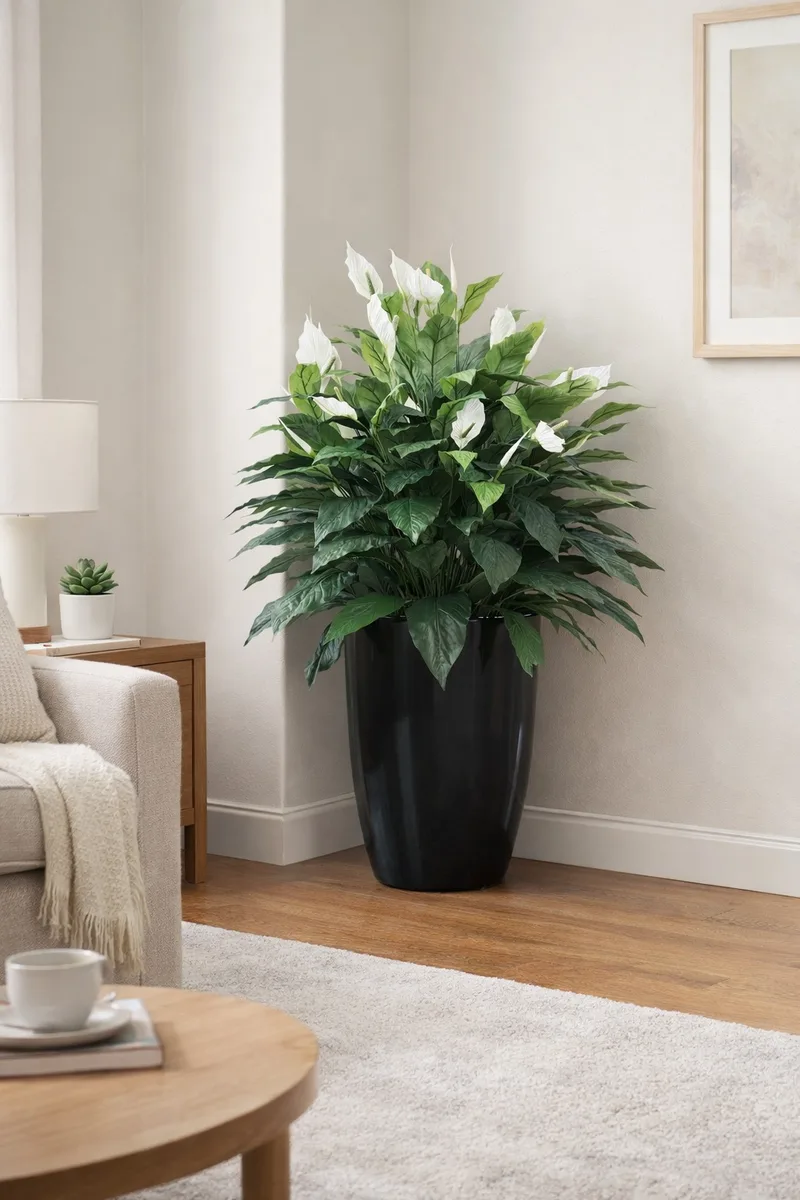 Double Full Spathiphyllum silk plant filling a bright living room corner