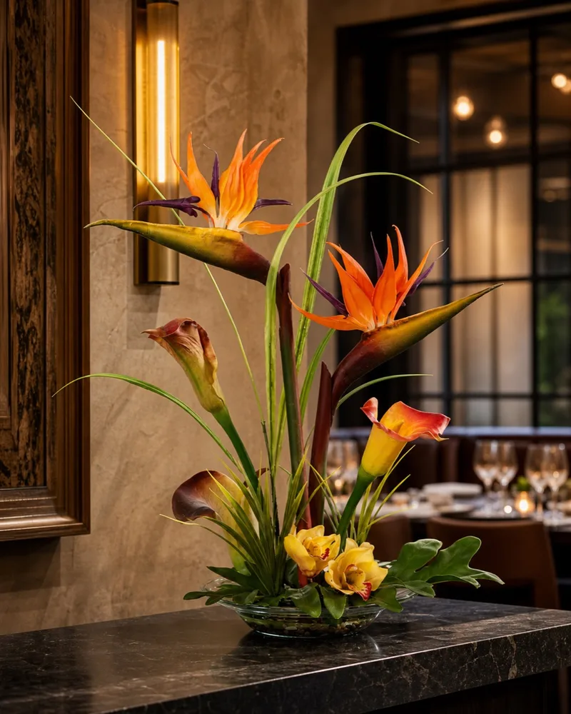 Bird of Paradise & Calla Lily centerpiece in a private dining room