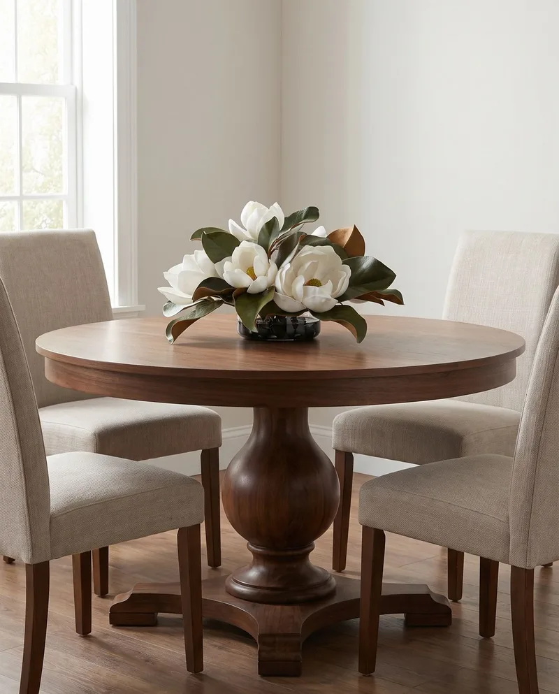 Magnolia silk flower centerpiece on a round walnut pedestal dining table with upholstered chairs