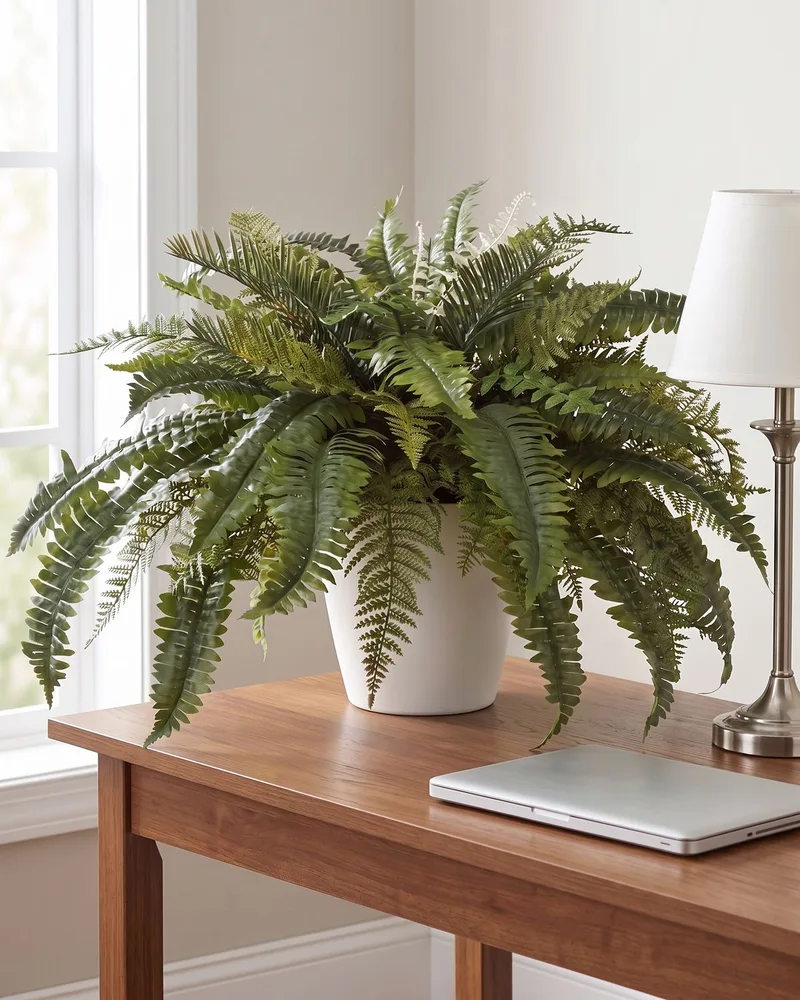 Premier Fern silk plant on the corner of a wooden desk in a home office