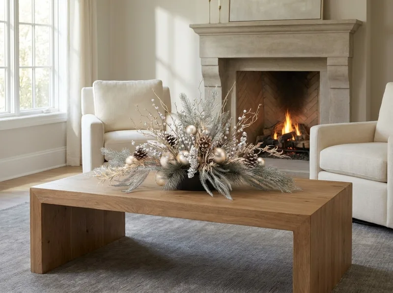 Champagne Elegance silk holiday centerpiece on a coffee table