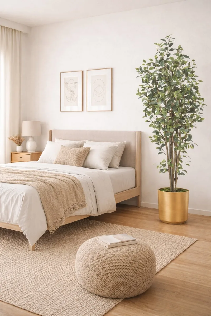 Ficus tree in a bright minimalist space with white walls and simple furniture