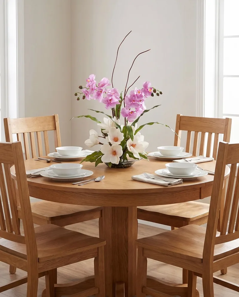 Magnolias and Orchids silk flower arrangement on a dining table set with place settings