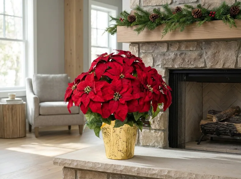Premier silk poinsettia, large on a hearth