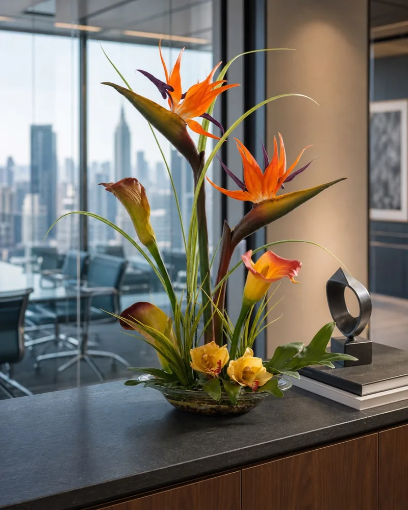 Bird of Paradise & Calla Lily centerpiece on an office credenza