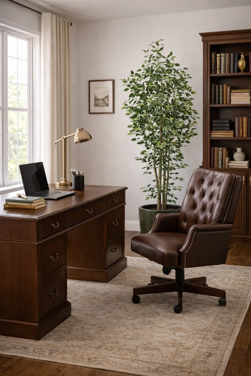 Silk ficus in a matte black planter in a home office