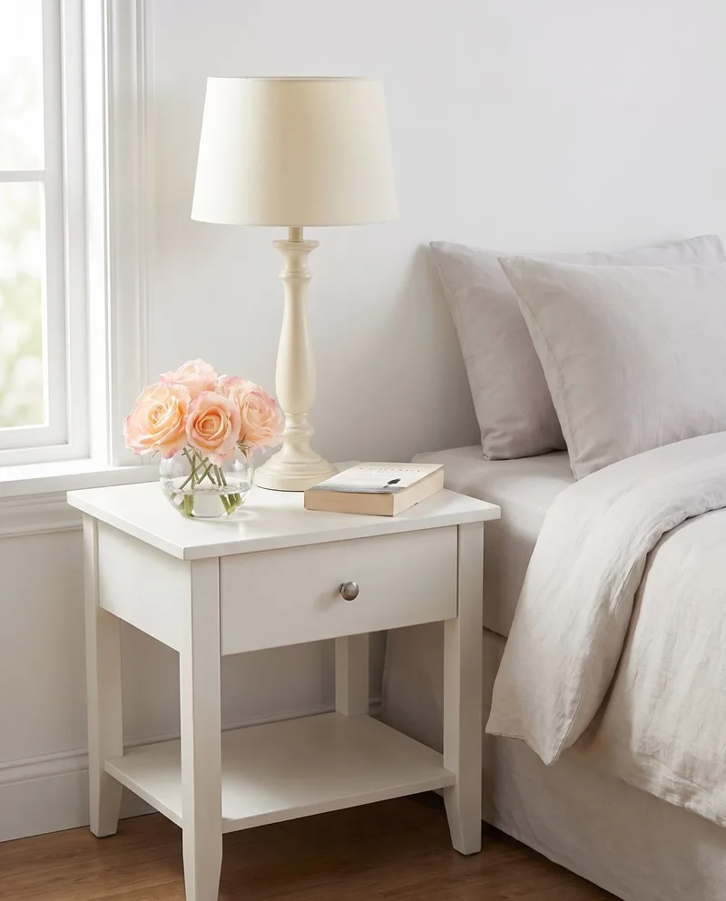 Rose Nosegay silk flower arrangement in Coral on a nightstand beside a lamp