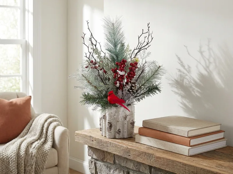 Winter Woods silk holiday accent on a fireplace mantel