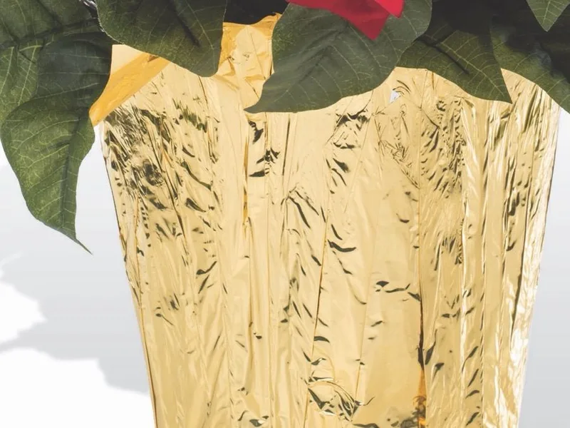 Close-up of the gold foil cover wrapping the pot of a silk poinsettia