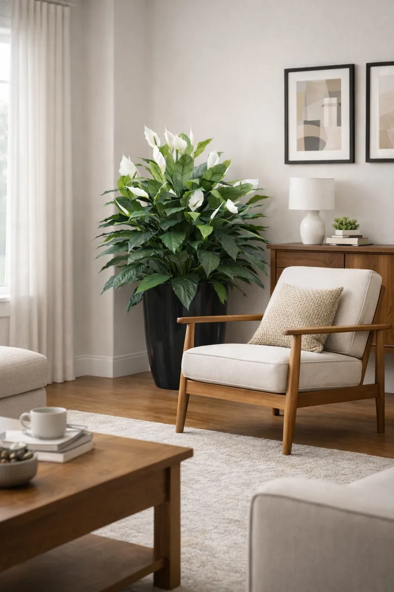 Spathiphyllum beside a mid-century modern armchair