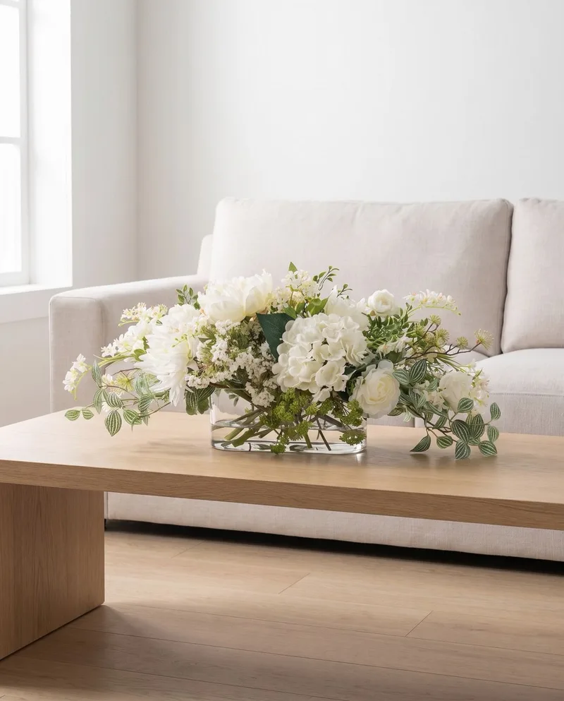 Simplistic Splendor white silk centerpiece on a white-oak coffee table in front of a pale sofa