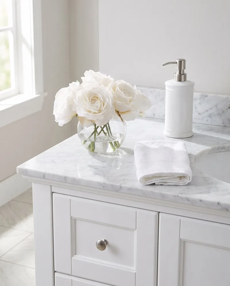 Rose Nosegay silk flower arrangement in White on a marble bathroom vanity